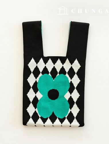 Knit Mini Hand Bag Check Knit Bag Wrist Bag Green Flower