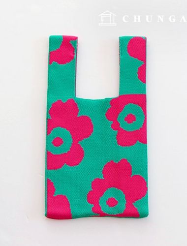 Knit Mini Hand Bag Check Knit Bag Wrist Bag Vivid Flower