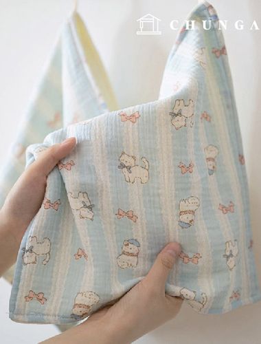 Yoru double gauze fabric cotton blue mint stripe kitty