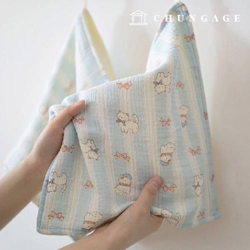Yoru double gauze fabric cotton blue mint stripe kitty