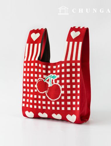 Knit Mini Handbag Check Knit Bag Wristbag Tote Bag Check Cherry