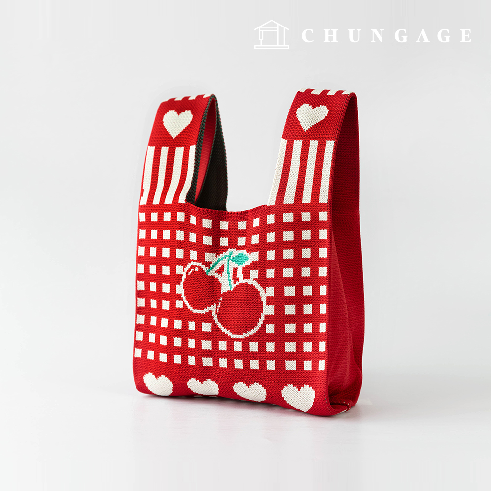 Knit Mini Handbag Check Knit Bag Wristbag Tote Bag Check Cherry