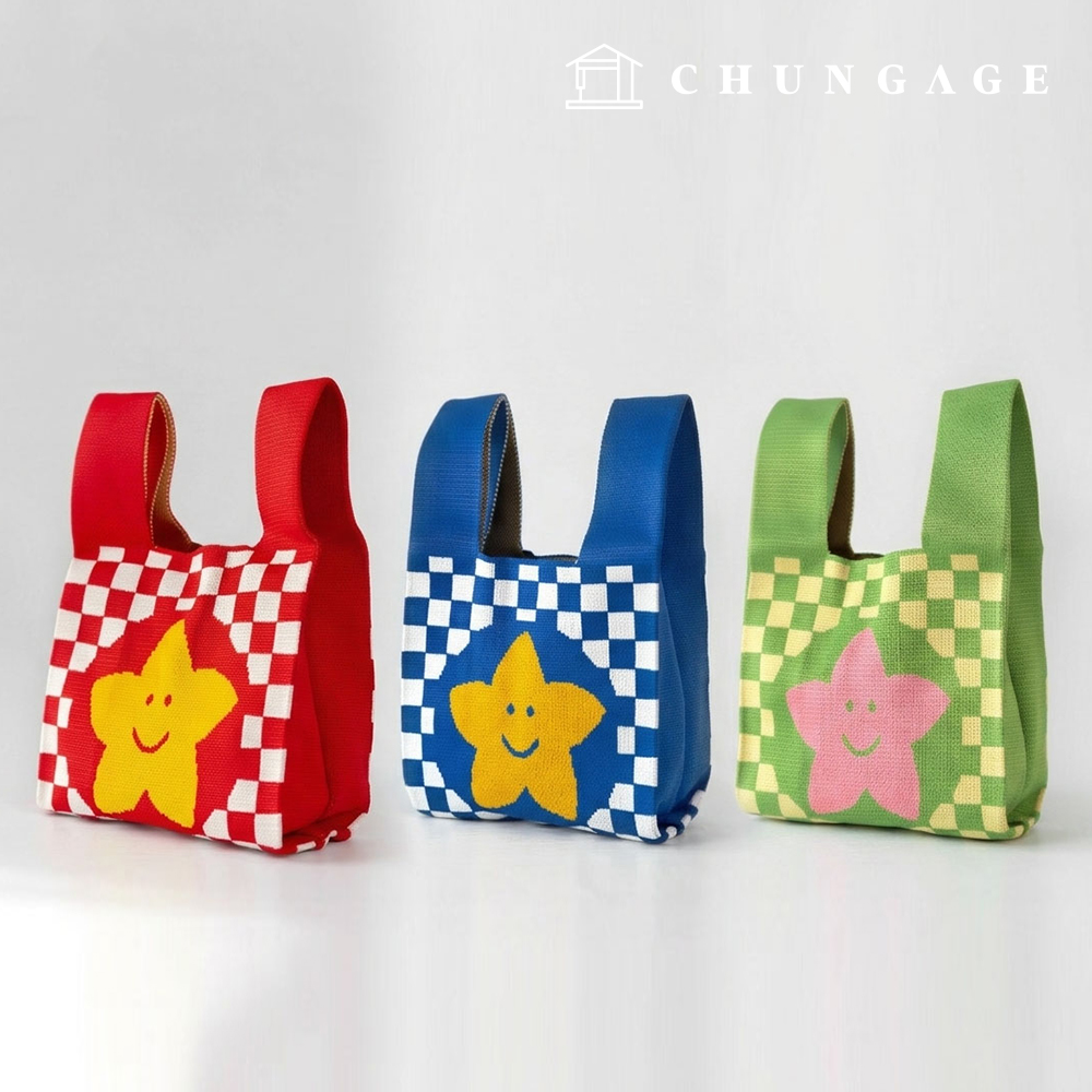 Knit Mini Handbag, Check Knit Bag, Wristbag, Tote Bag, Checkerboard Star 3 Types