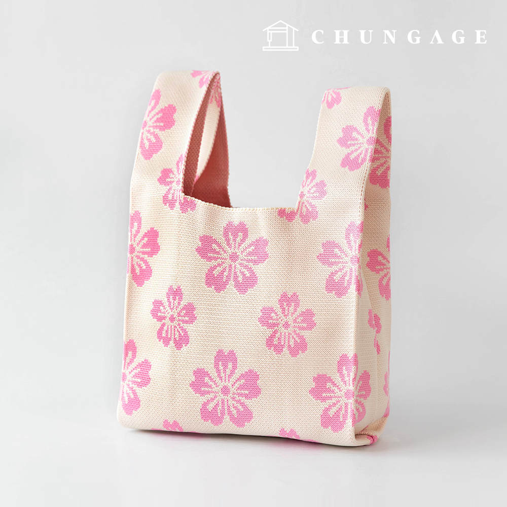 Knit Mini Handbag Check Knit Bag Wristbag Tote Bag Pink Bloom