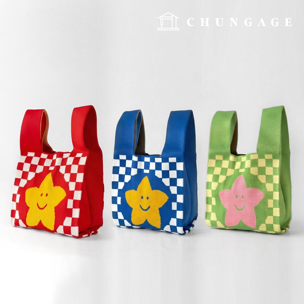 Knit Mini Handbag, Check Knit Bag, Wristbag, Tote Bag, Checkerboard Star 3 Types