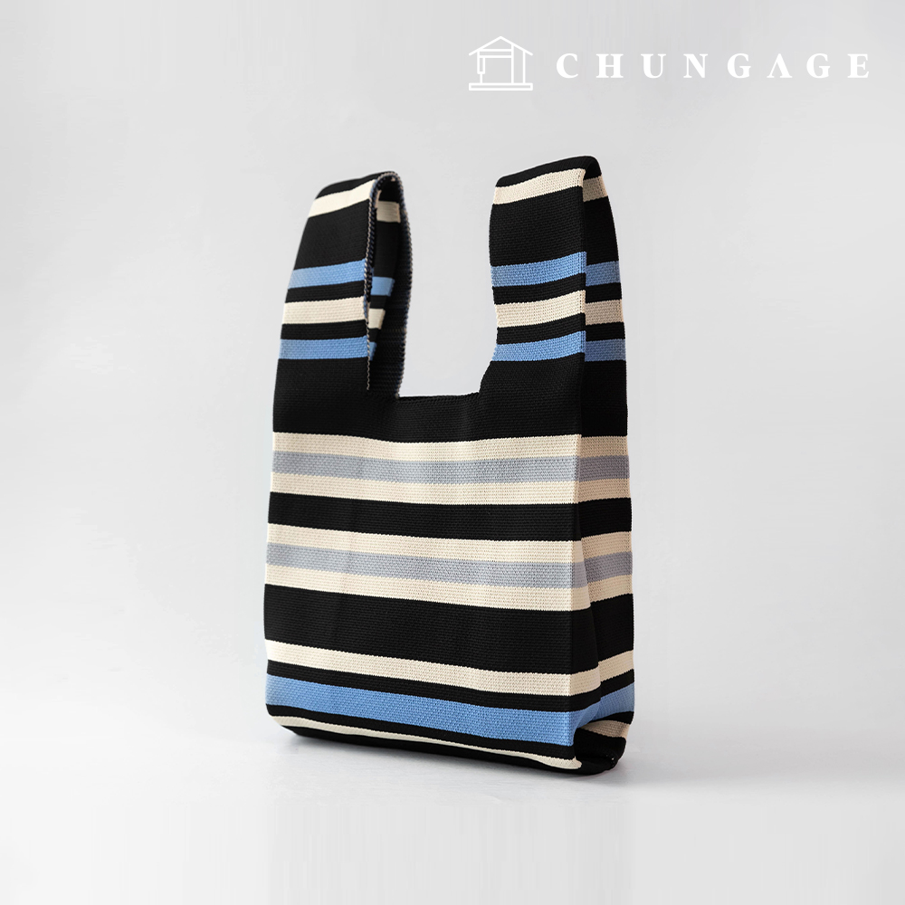 Knit Mini Handbag Check Knit Bag Wristbag Tote Bag Navy Stripe