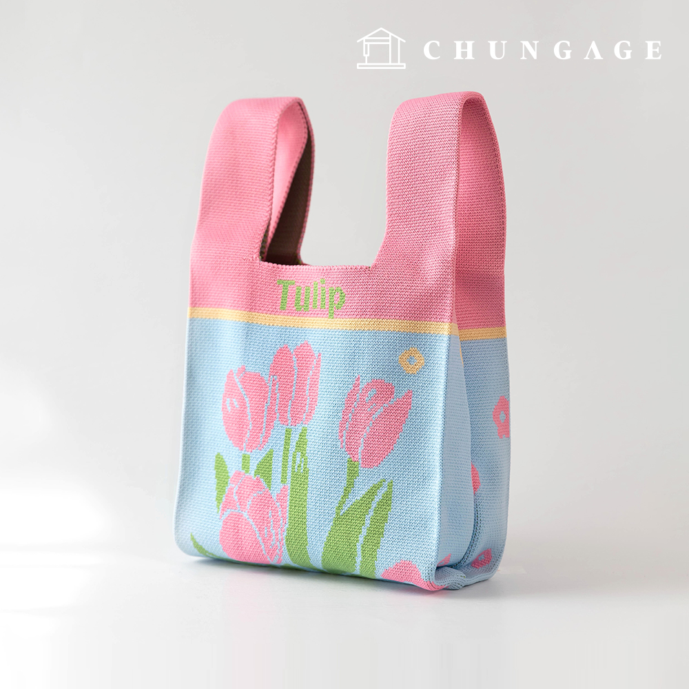 Knit Mini Handbag Check Knit Bag Wristbag Tote Bag Color Combination Tulip