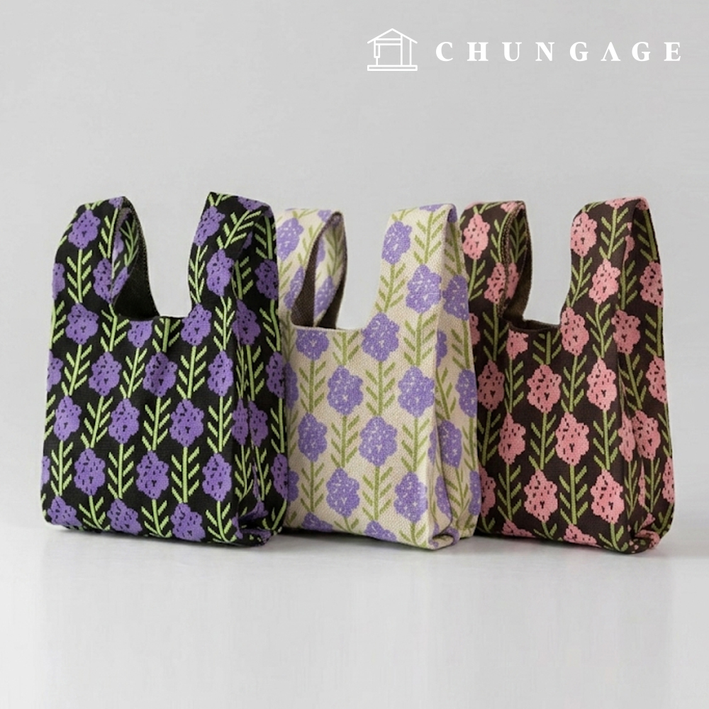 Knit Mini Handbag, Check Knit Bag, Wristbag, Tote Bag, Flower Garden 3-Piece Set