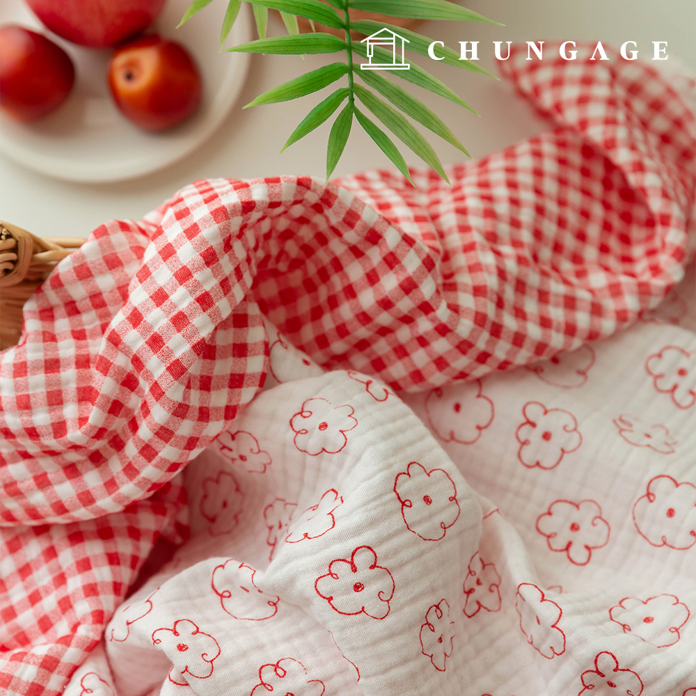 Yoru Quadruple Gauze Cotton Non-fluorescent Bio-washed Fabric Cloudy Flower Red QG-004