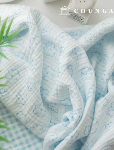 Yoru Quadruple Gauze Cotton Non-fluorescent Bio-washed Fabric Cloudy Flower Blue QG-005