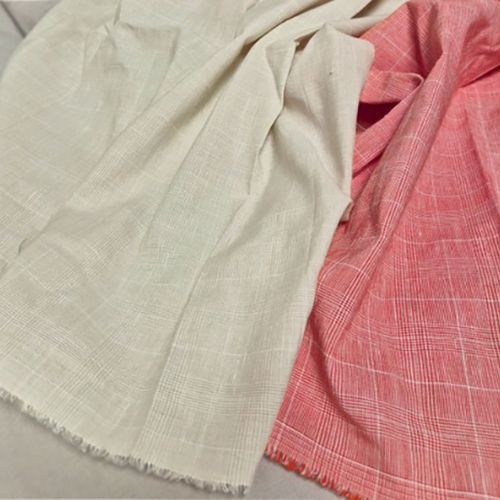 Linen-Cotton Blend Fabric Check Ivory Red