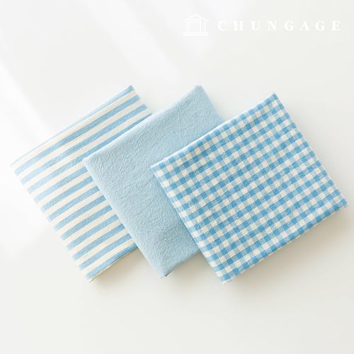 cotton fabric Melange yarn-dyed Washing Fabric Wide Width Vintage Check Stripe Plain 3 types Light Blue 1 yard