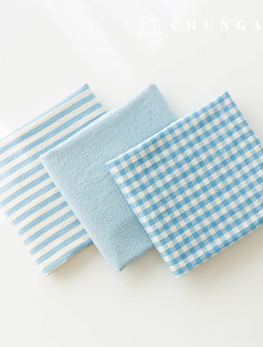 cotton fabric Melange yarn-dyed Washing Fabric Wide Width Vintage Check Stripe Plain 3 types Light Blue 1 yard
